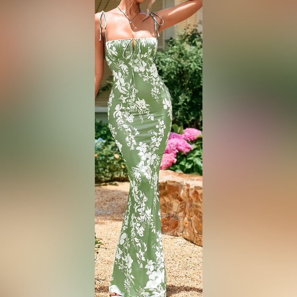 Women’s Floral Green Milkmaid Bodycon Dress L Large New